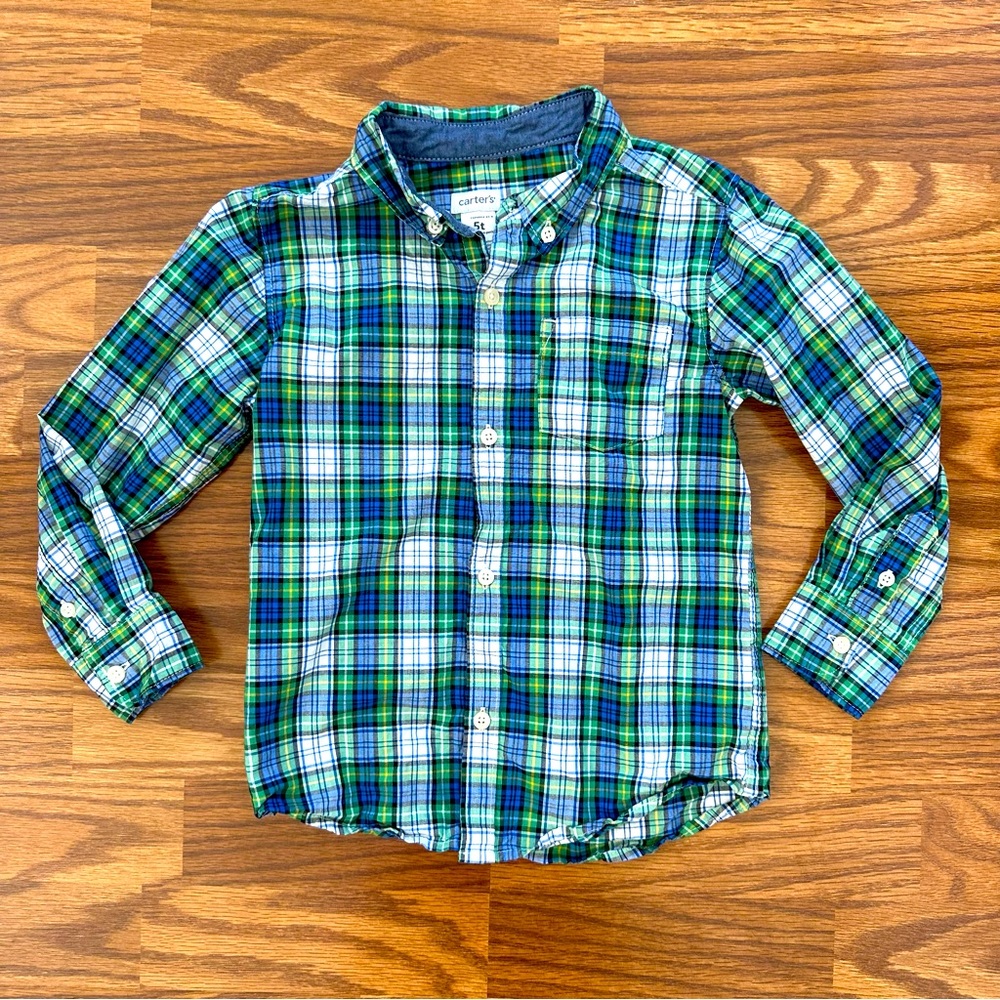 Carter’s Toddler Boys 5T Button Up Long Sleeve Dress Shirt Plaid Blue Green EUC!